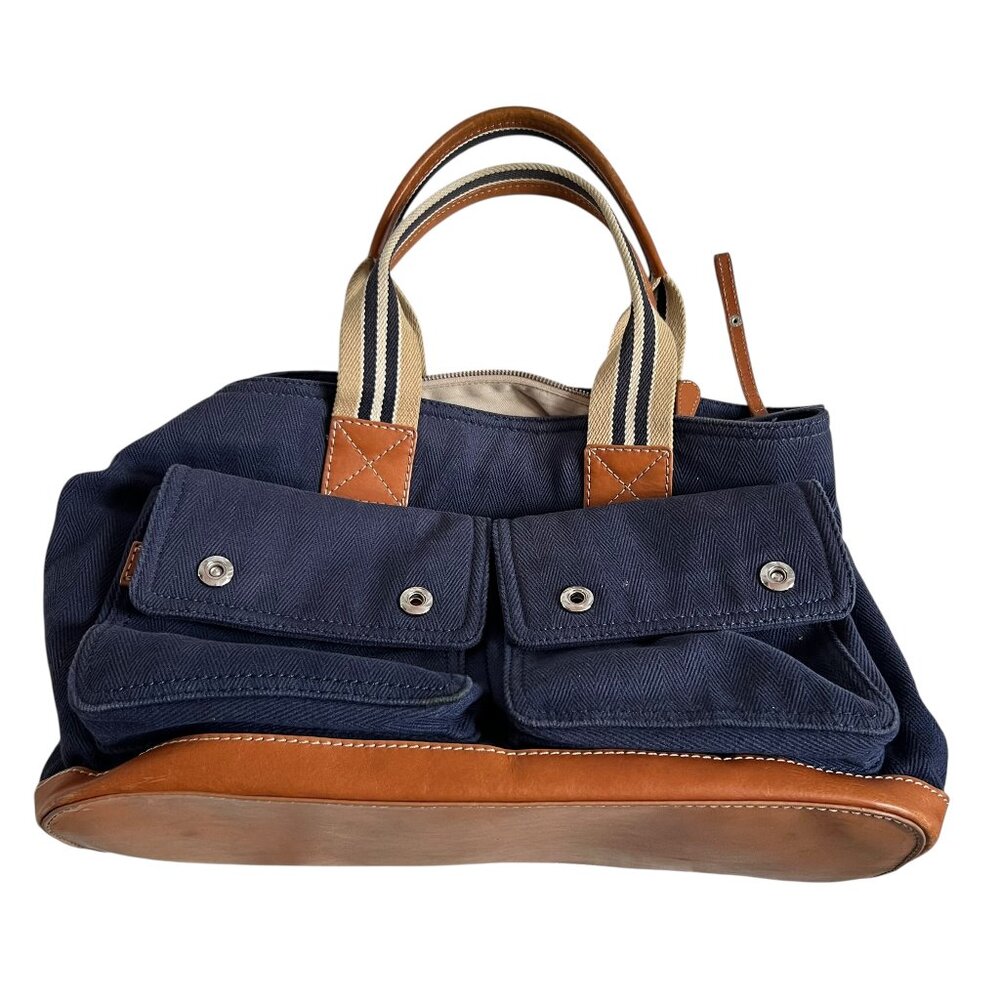Pottery Barn Kids tote bag diaper navy blue canvas brown leather